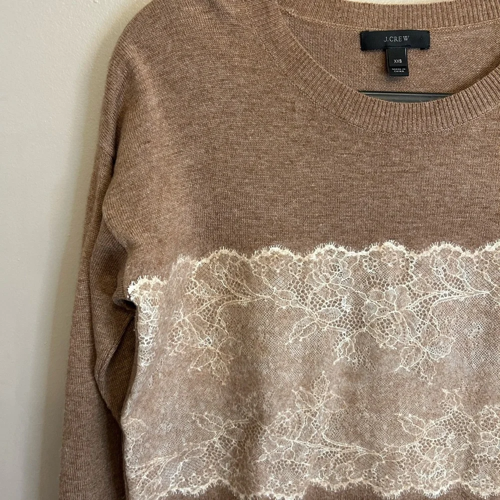 NWOT J. CREW Needle Punch Lace Wool Blend Crewneck Sweater brown cream size XXS